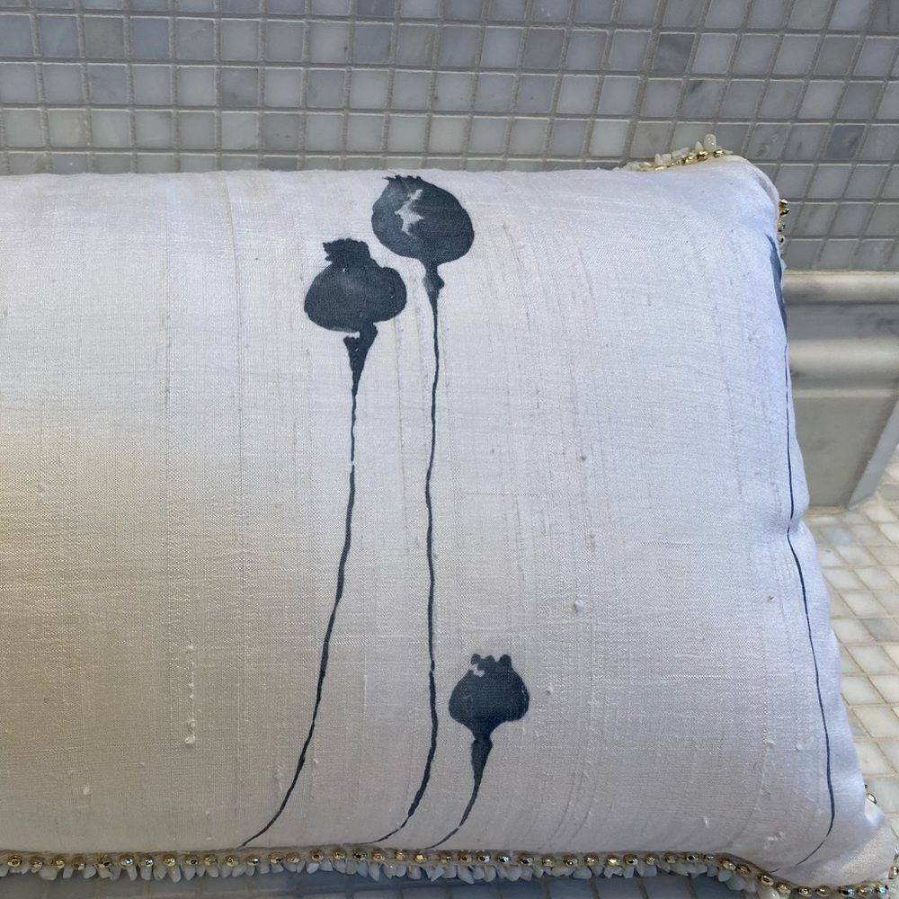 Anthropologie Silk Blue and Gold Lumbar with Stone Trim - Picture 7 of 13